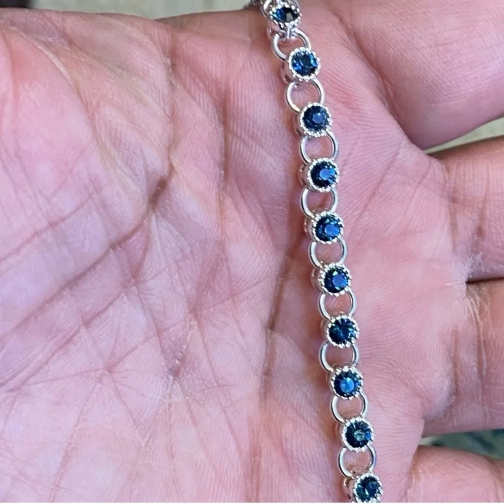 Sterling Silver Blue Sapphire Station Bracelet - Blue